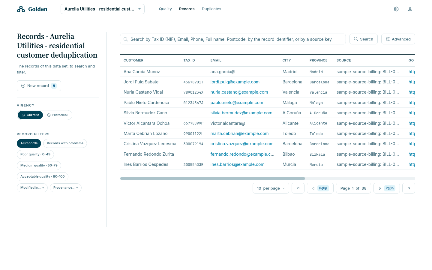 The Records list for Aurelia Utilities, with a search bar and quality, time and provenance filters, and a horizontally scrollable table showing customer, tax ID, email, city, province, and source.