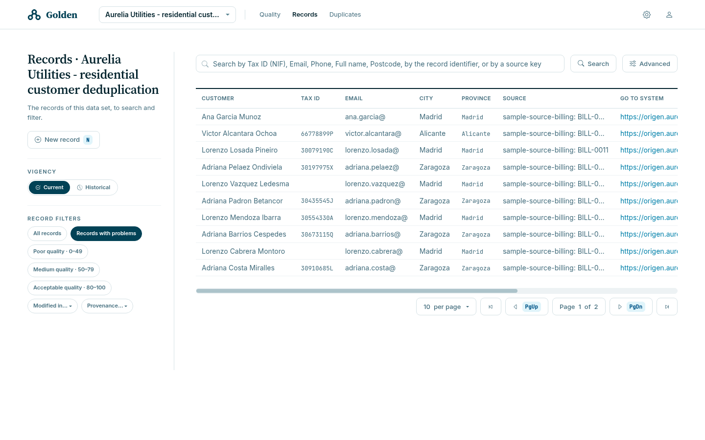 The Records list filtered to records with problems, showing billing-sourced records with truncated emails.