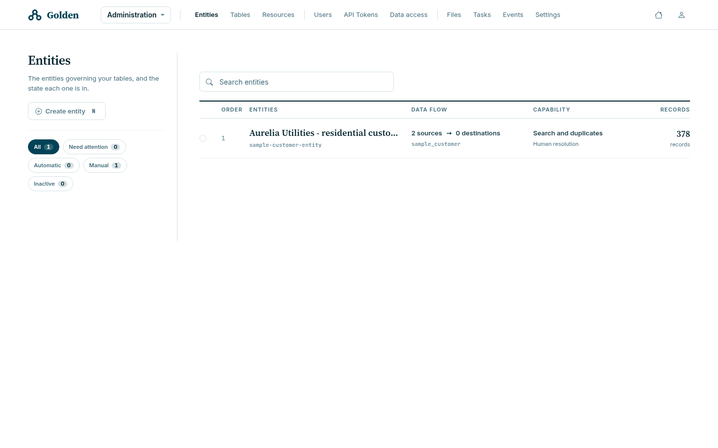 The Entities area, showing Aurelia with two sources, no destinations, search and duplicate capabilities, and 378 records.