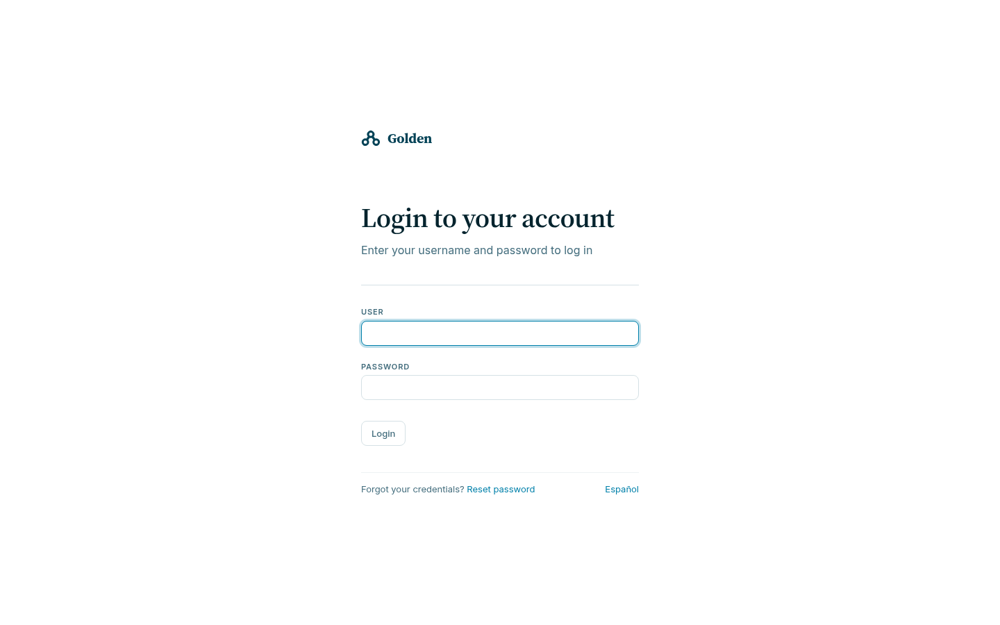 The Golden sign-in page: a User field, a Password field, a Login button, a Reset password link after Forgot your credentials, and a language switcher.