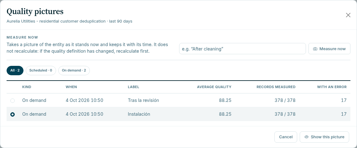 Quality pictures selector for Aurelia: two on-demand measurements, with the installation picture selected and a Show this picture button.