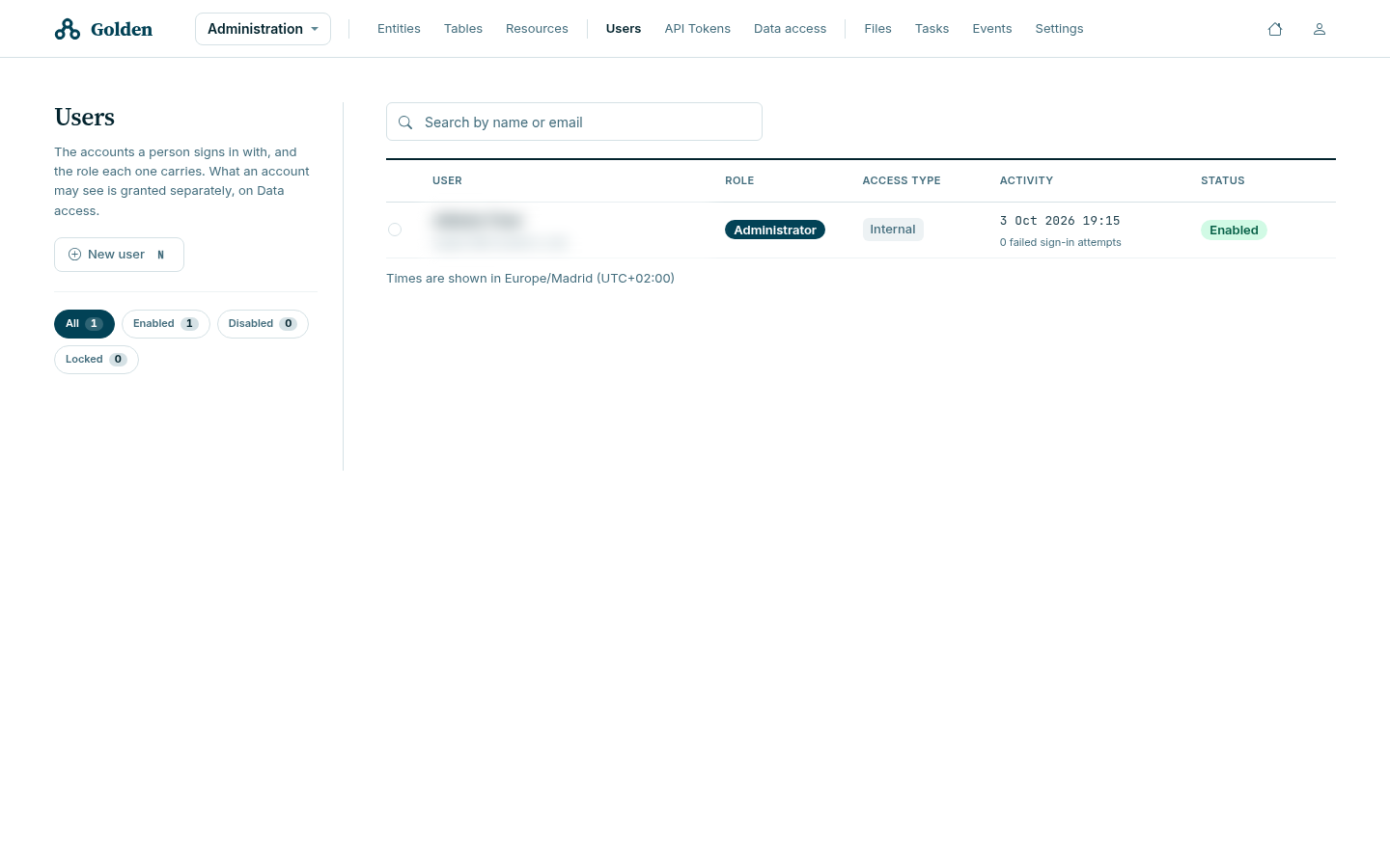 The Users list with a development identity blurred, an Administrator role, Internal authentication, activity information and Enabled status.