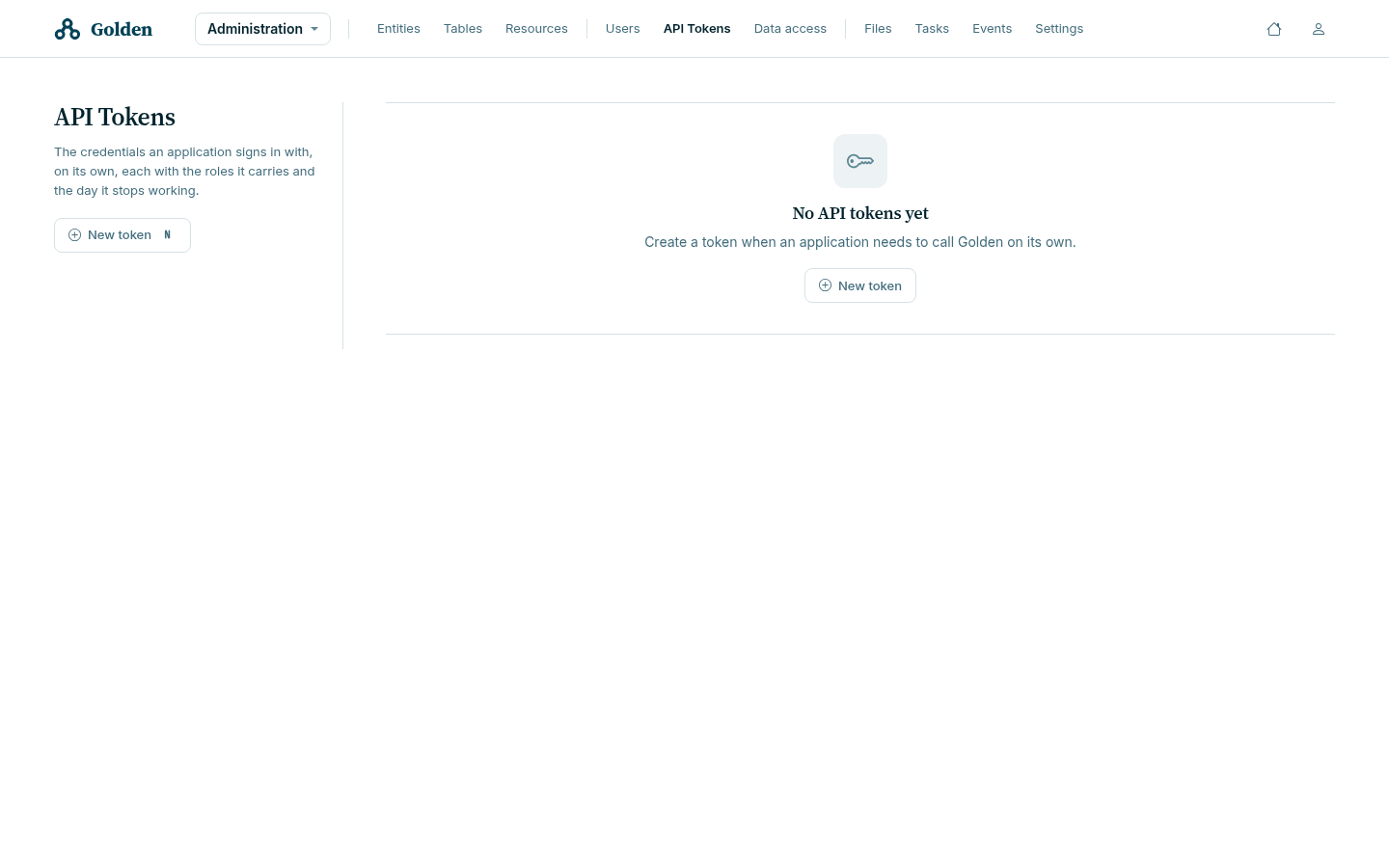 The API Tokens area before any tokens have been created, with a New token action.