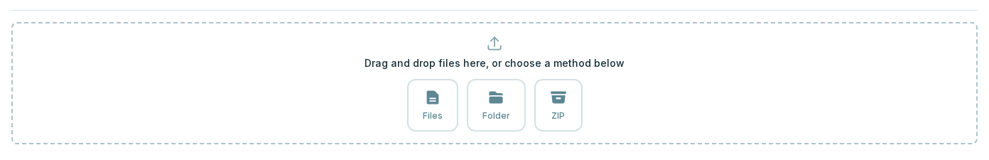 The Setup upload area with drag and drop and the Files, Folder, and ZIP controls.